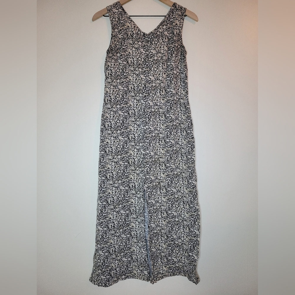 vintage straight cream and black floral v neck dress, small medium
